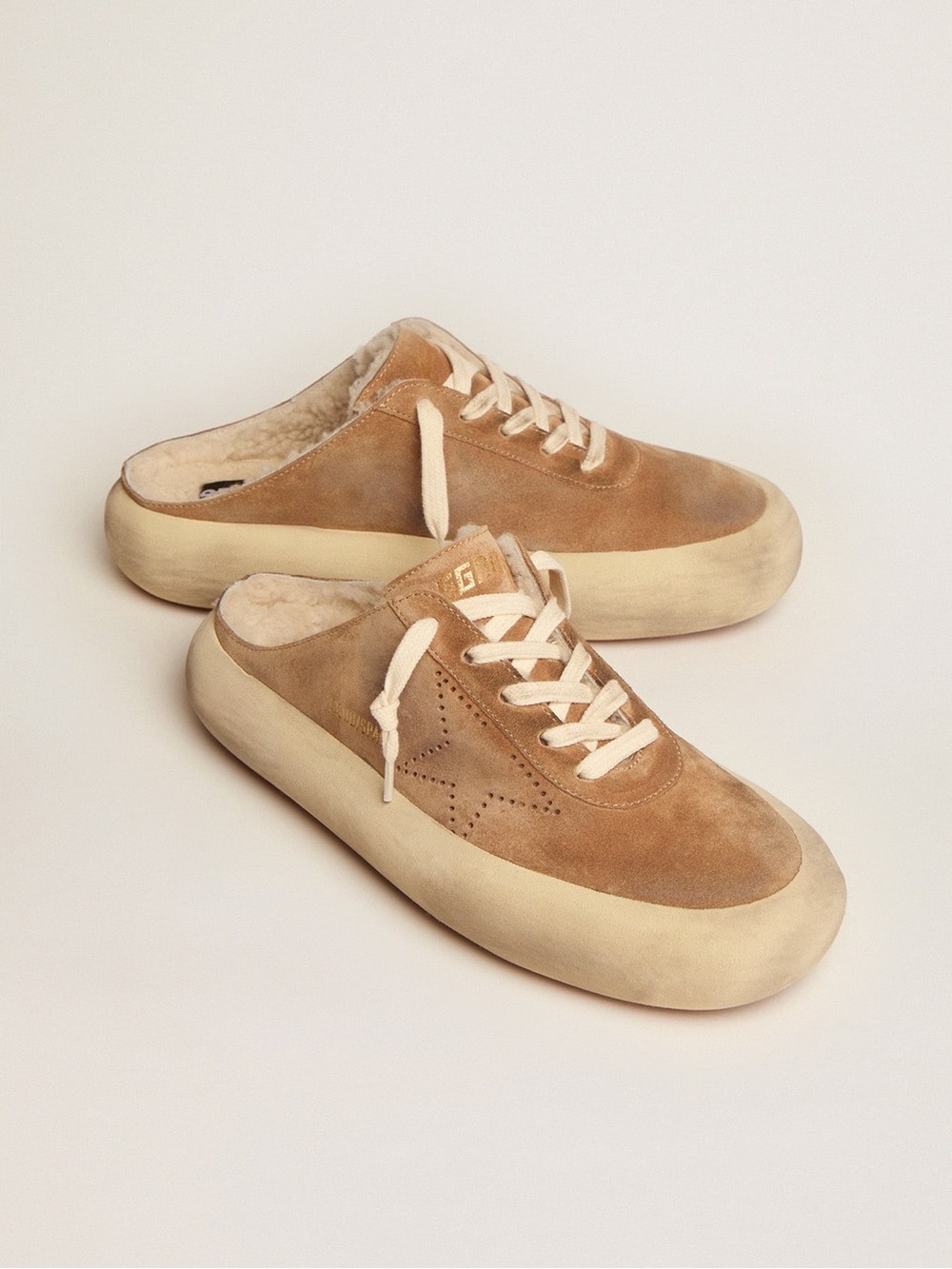 Golden Goose Space-Star Sabot shoes in tobacco colored suede w/ shearling lining